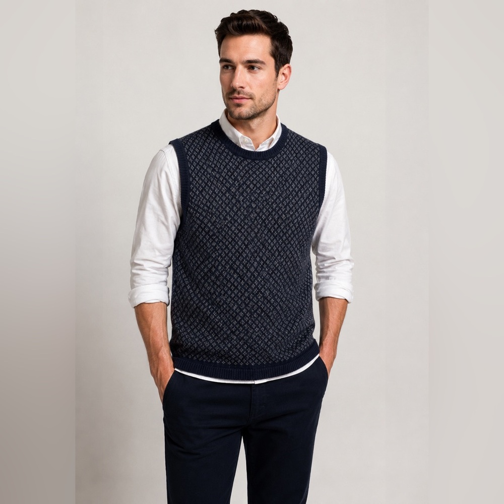 Tommy Hilfiger Navy Knit Sweater Vest Lambswool Blend Men’s Size L